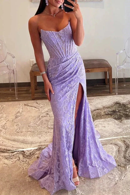 Lavender Strapless Lace Ruched Mermaid Prom Dress with Slit