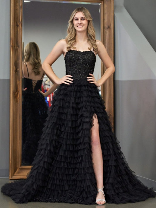 Black A-Line Tiered Sequins Tulle Long Prom Dress