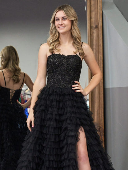 Black A-Line Tiered Sequins Tulle Long Prom Dress