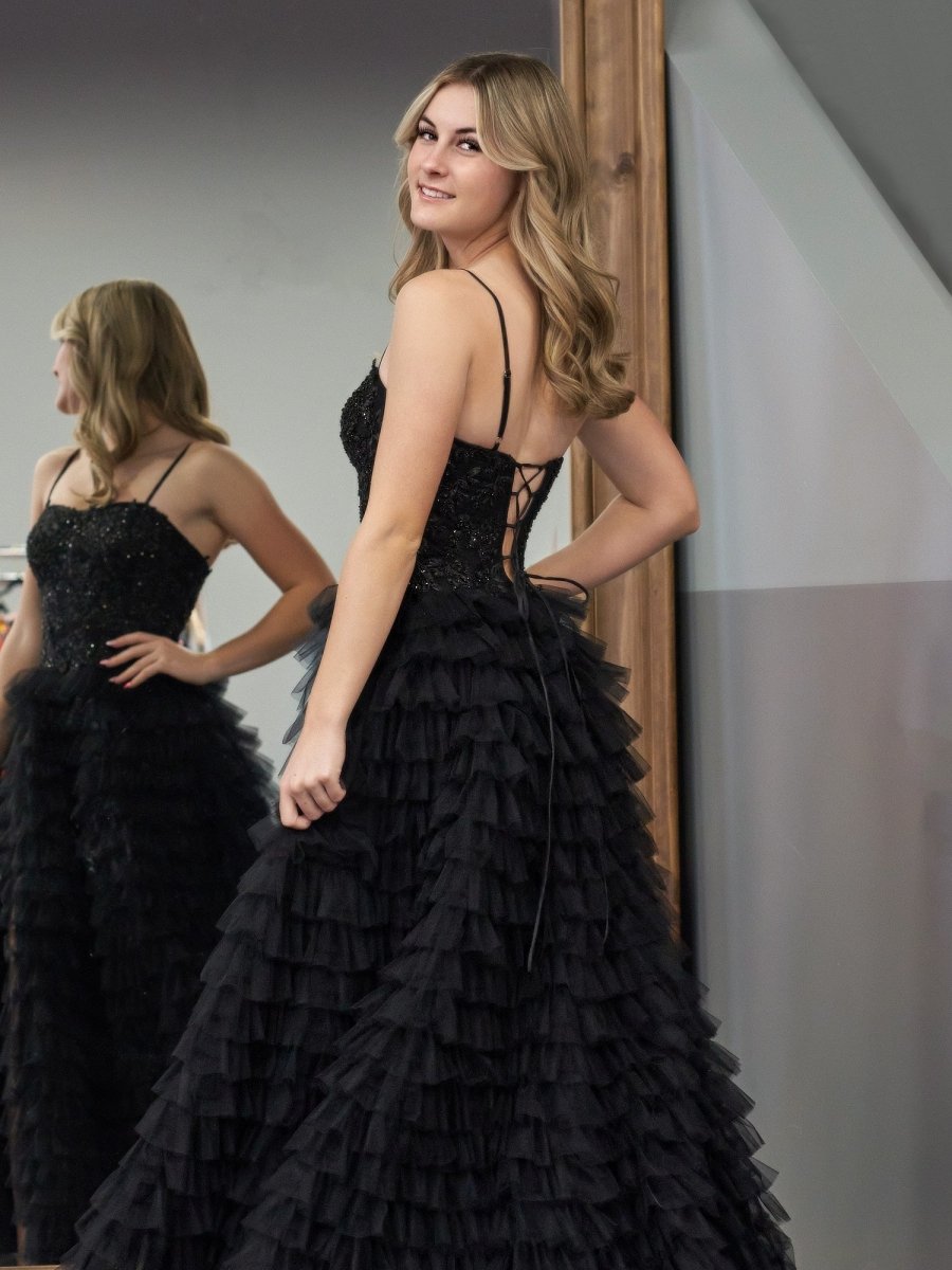 Black A-Line Tiered Sequins Tulle Long Prom Dress