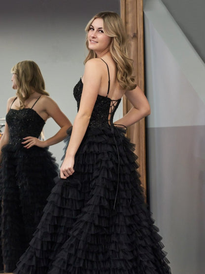 Black A-Line Tiered Sequins Tulle Long Prom Dress