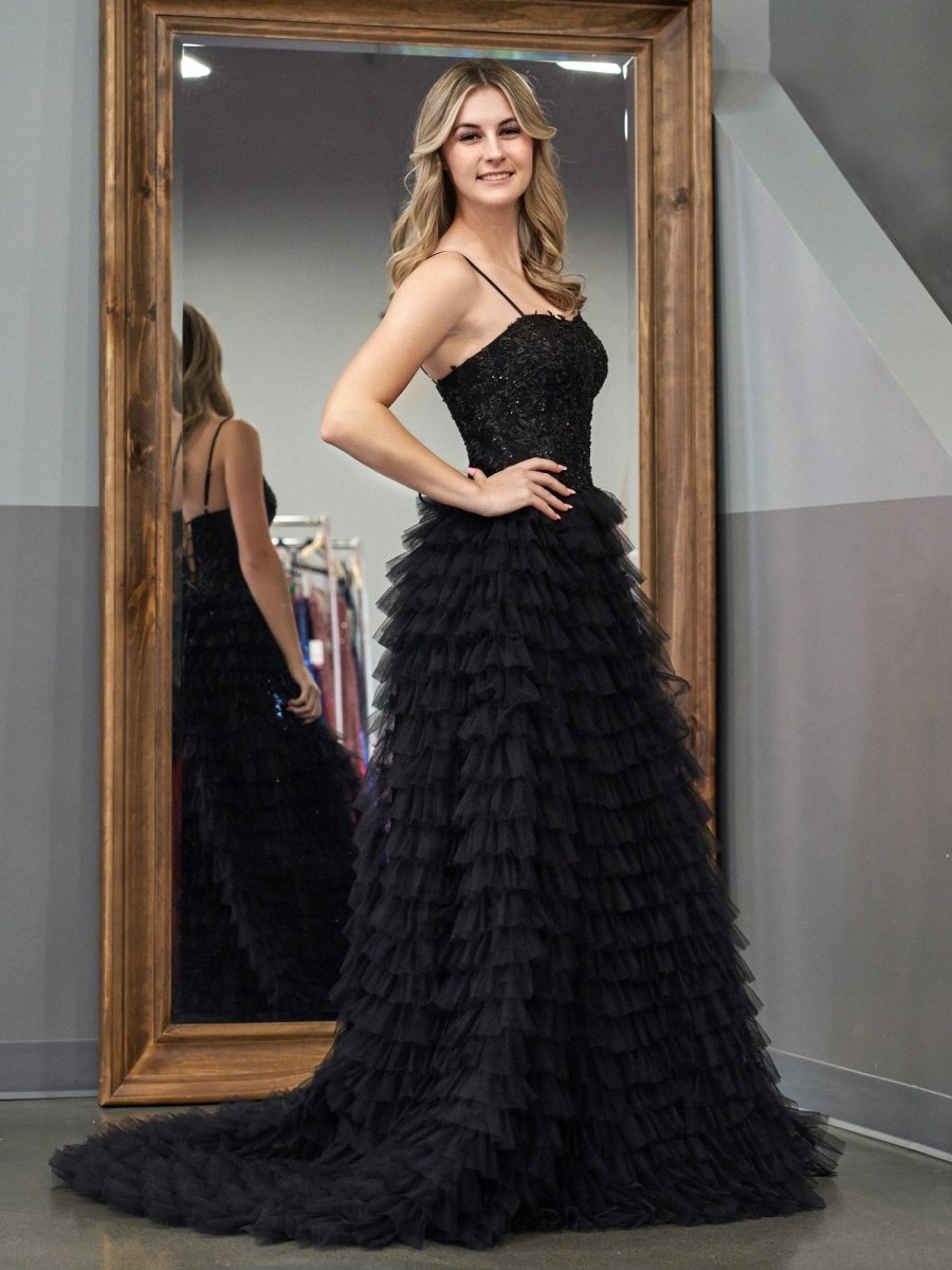 Black A-Line Tiered Sequins Tulle Long Prom Dress