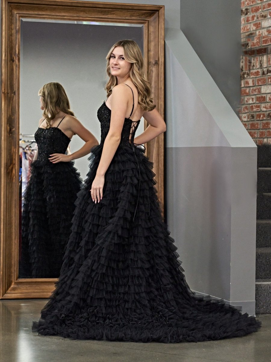 Black A-Line Tiered Sequins Tulle Long Prom Dress