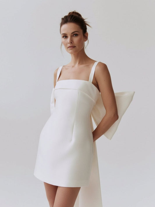 Sevoba|Square Neck White Satin Short Wedding Dress with Bow Back and Veil