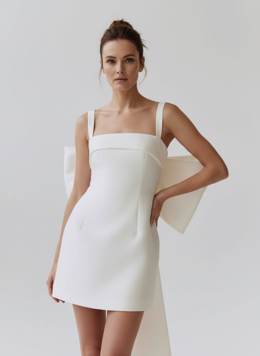 Sevoba|Square Neck White Satin Short Wedding Dress with Bow Back and Veil