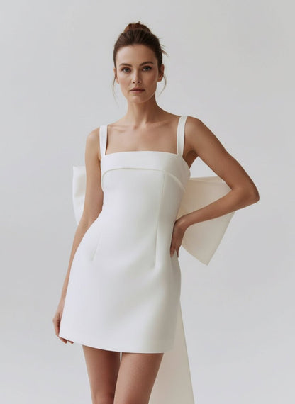 Sevoba|Square Neck White Satin Short Wedding Dress with Bow Back and Veil