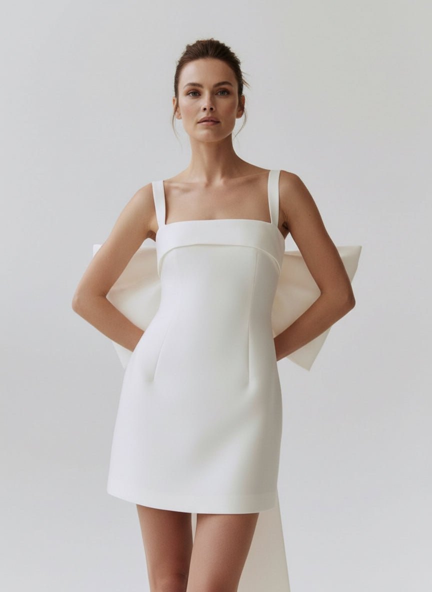 Sevoba|Square Neck White Satin Short Wedding Dress with Bow Back and Veil