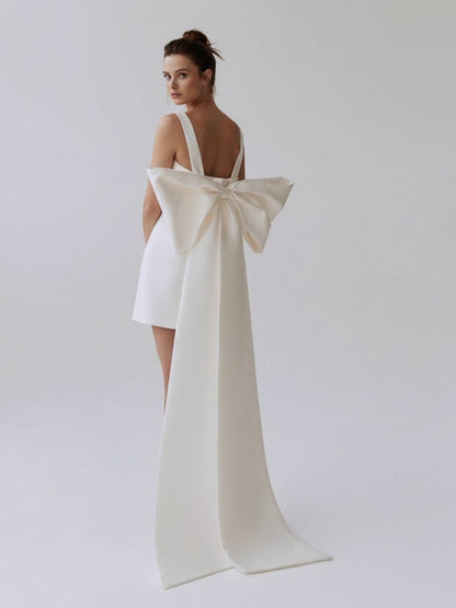 Sevoba|Square Neck White Satin Short Wedding Dress with Bow Back and Veil