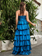 Sevoba | A-line Sleeveless Pleated Floor-length Prom Dress Ink Blue