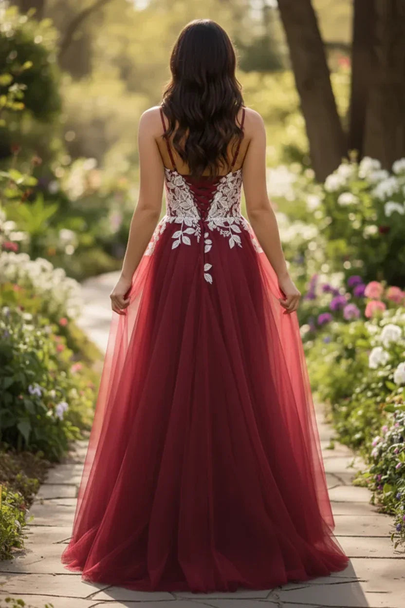 Lace Applique Spaghetti Strap Tulle A-Line Prom Dress | Sevoba