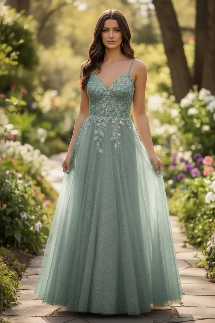 Lace Applique Spaghetti Strap Tulle A-Line Prom Dress | Sevoba