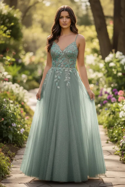 Lace Applique Spaghetti Strap Tulle A-Line Prom Dress | Sevoba