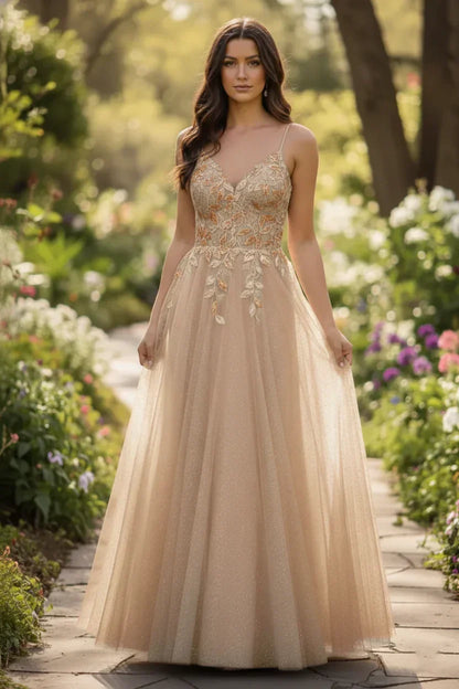 Lace Applique Spaghetti Strap Tulle A-Line Prom Dress | Sevoba