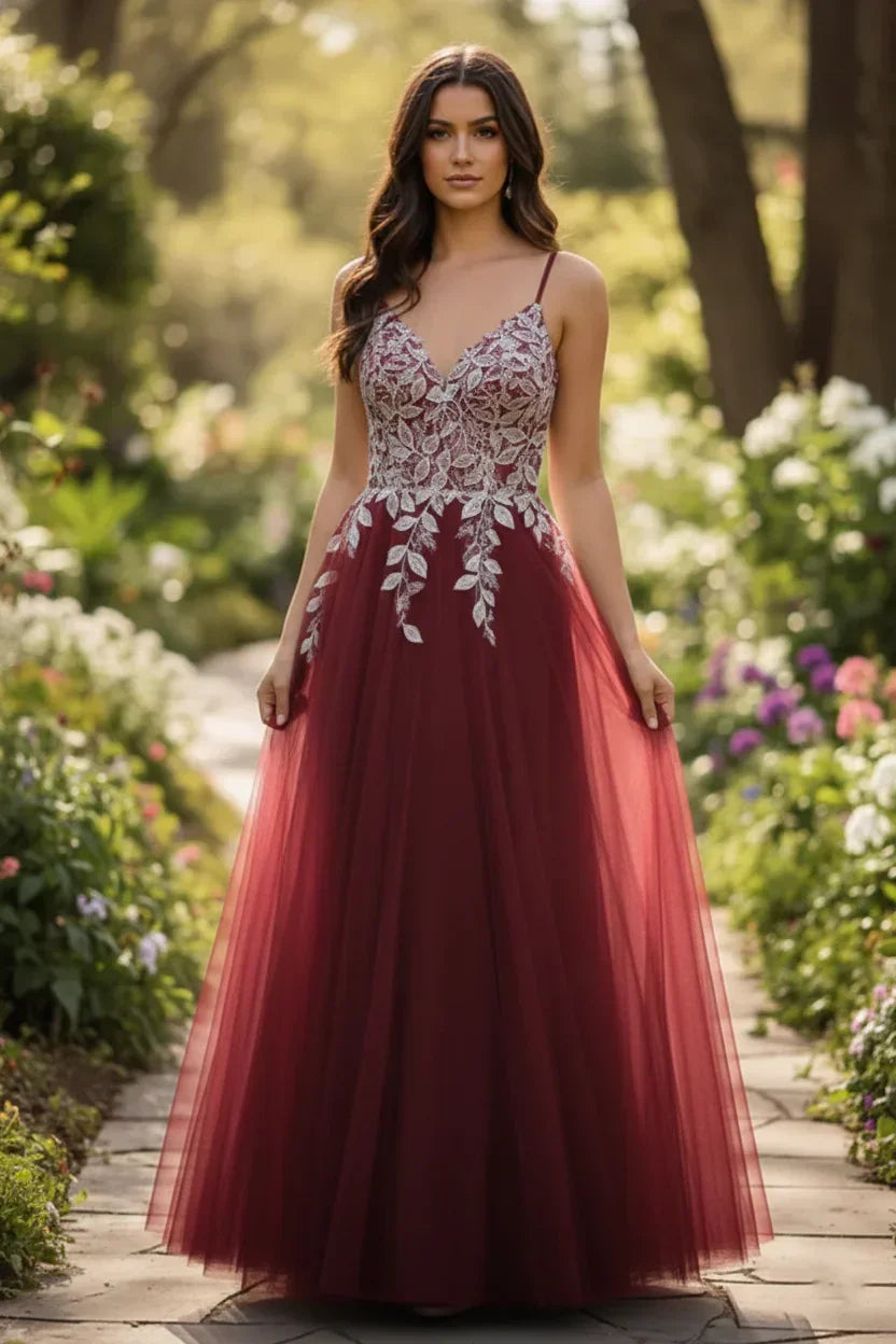 Lace Applique Spaghetti Strap Tulle A-Line Prom Dress | Sevoba