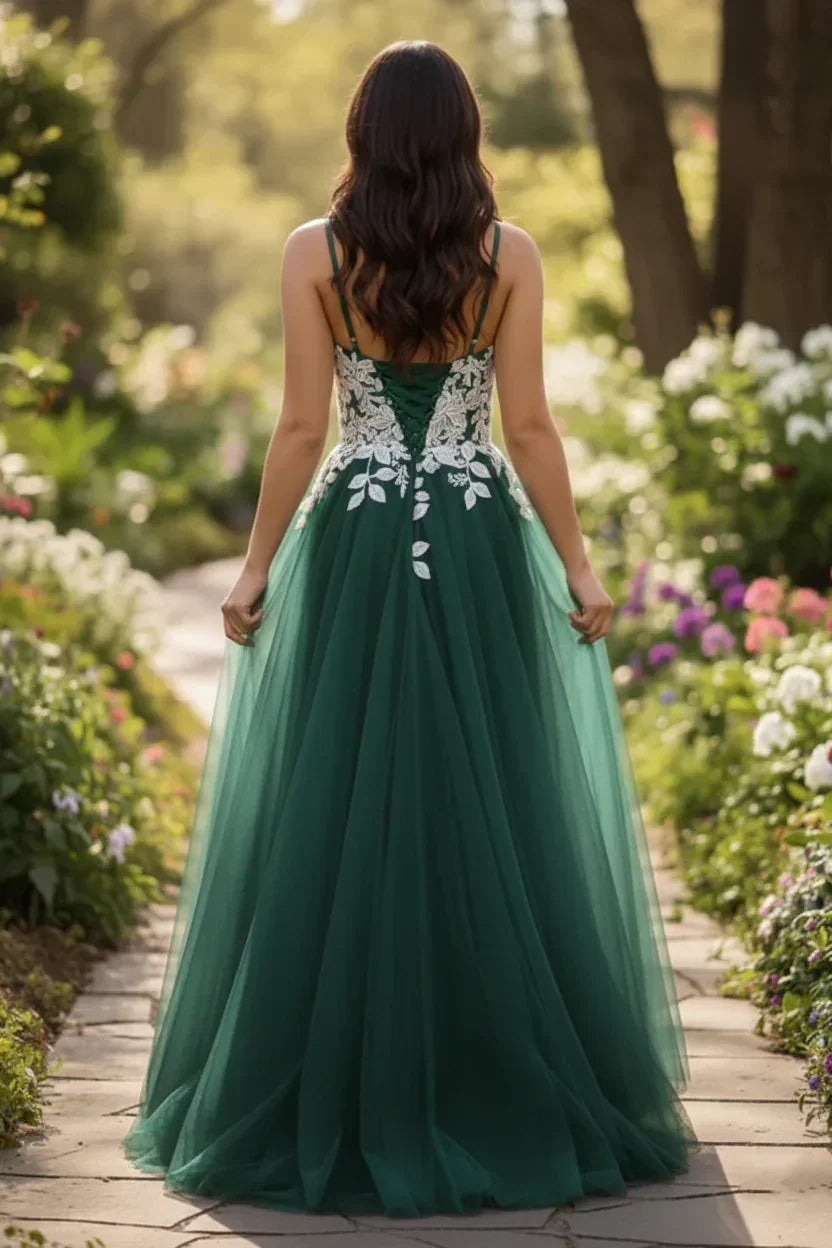 Lace Applique Spaghetti Strap Tulle A-Line Prom Dress | Sevoba