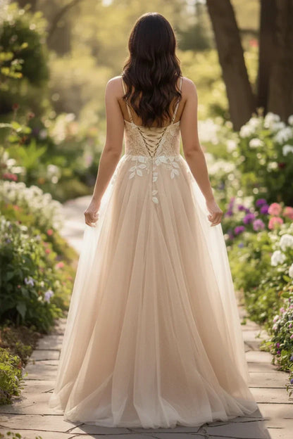 Lace Applique Spaghetti Strap Tulle A-Line Prom Dress | Sevoba
