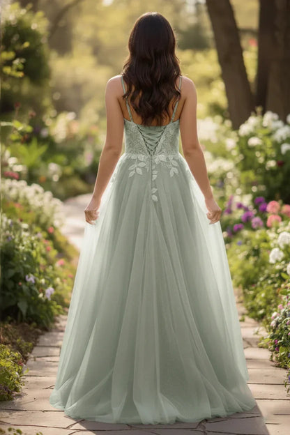 Lace Applique Spaghetti Strap Tulle A-Line Prom Dress | Sevoba