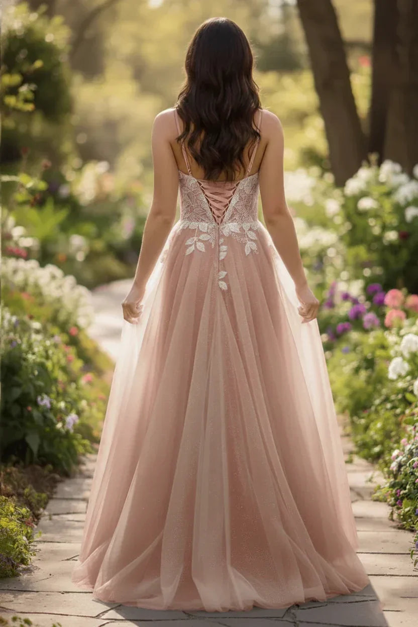 Lace Applique Spaghetti Strap Tulle A-Line Prom Dress | Sevoba