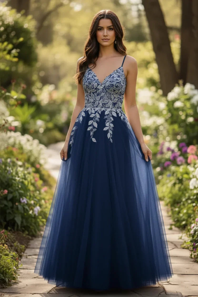 Lace Applique Spaghetti Strap Tulle A-Line Prom Dress | Sevoba