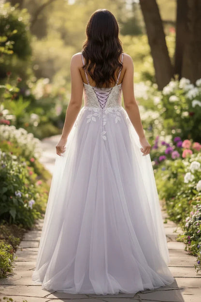 Lace Applique Spaghetti Strap Tulle A-Line Prom Dress | Sevoba