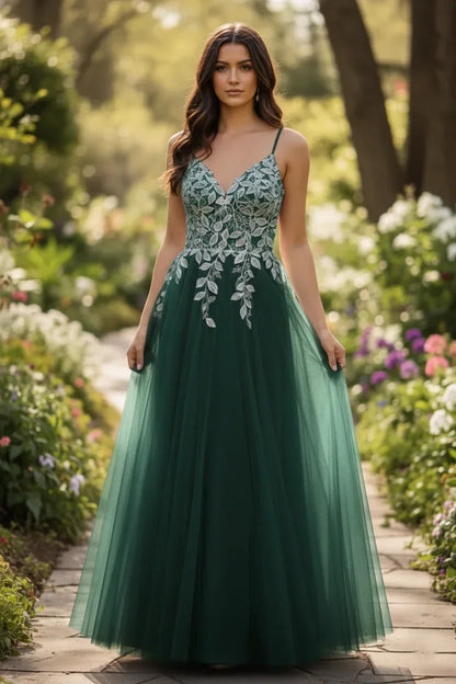 Lace Applique Spaghetti Strap Tulle A-Line Prom Dress | Sevoba
