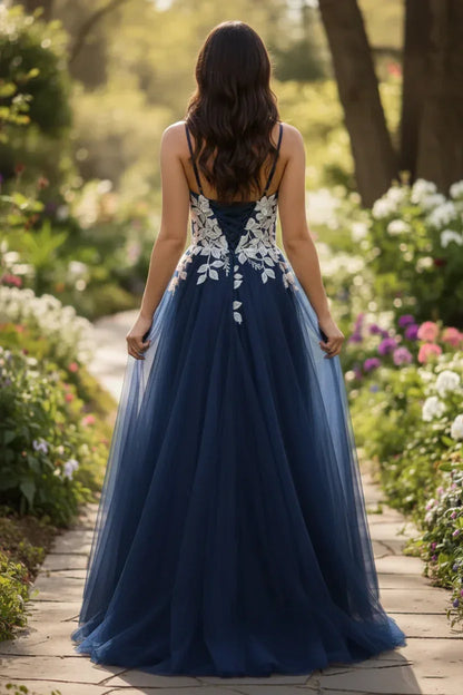 Lace Applique Spaghetti Strap Tulle A-Line Prom Dress | Sevoba