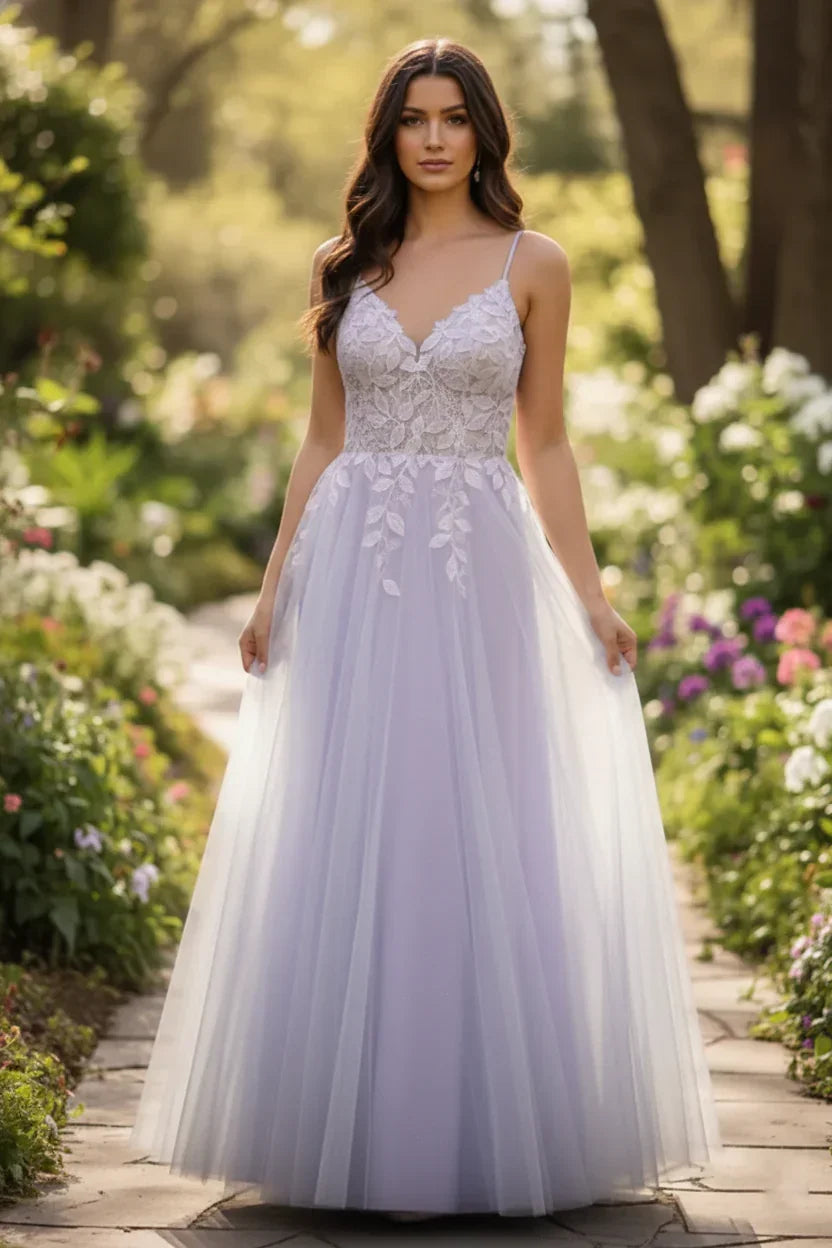 Lace Applique Spaghetti Strap Tulle A-Line Prom Dress | Sevoba