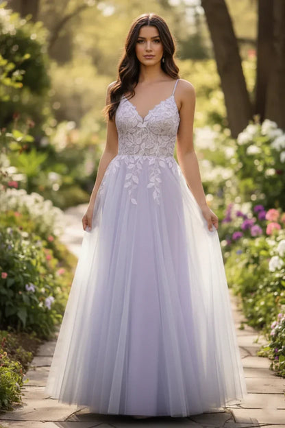 Lace Applique Spaghetti Strap Tulle A-Line Prom Dress | Sevoba