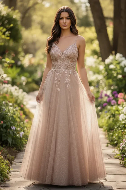 Lace Applique Spaghetti Strap Tulle A-Line Prom Dress | Sevoba