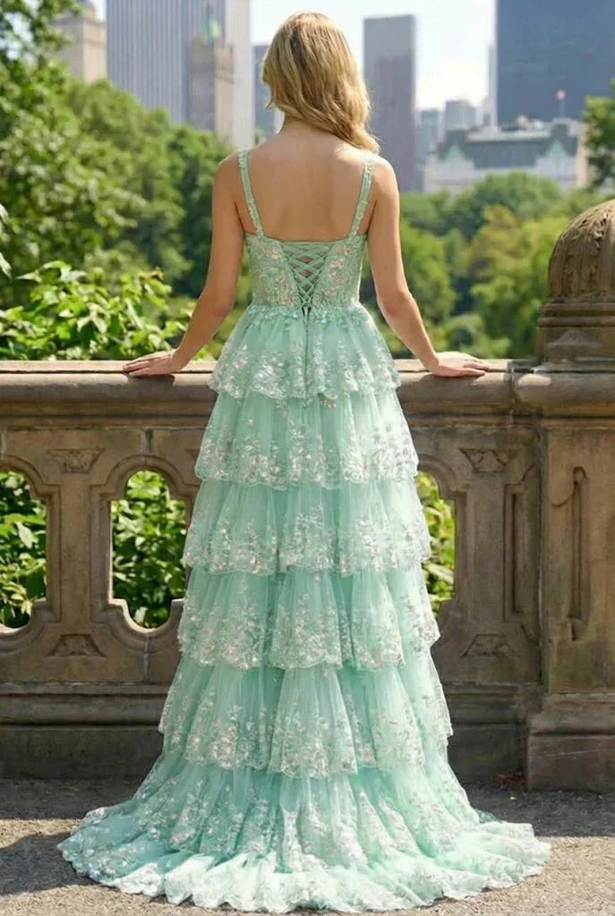 Lace Tiered A-Line Prom Dress with Corset Back and Slit | Sevoba