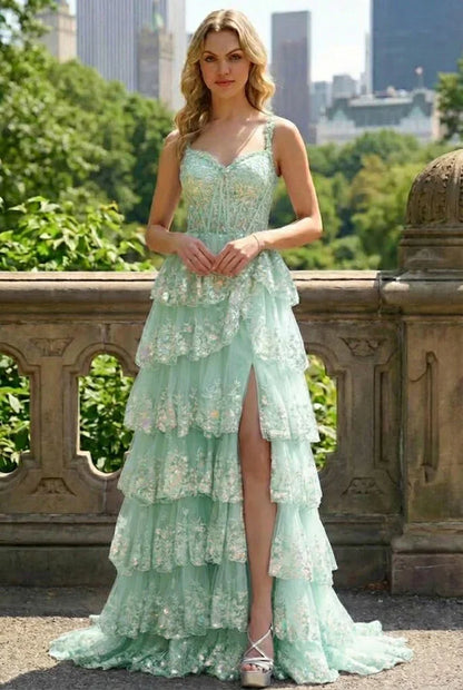 Lace Tiered A-Line Prom Dress with Corset Back and Slit | Sevoba