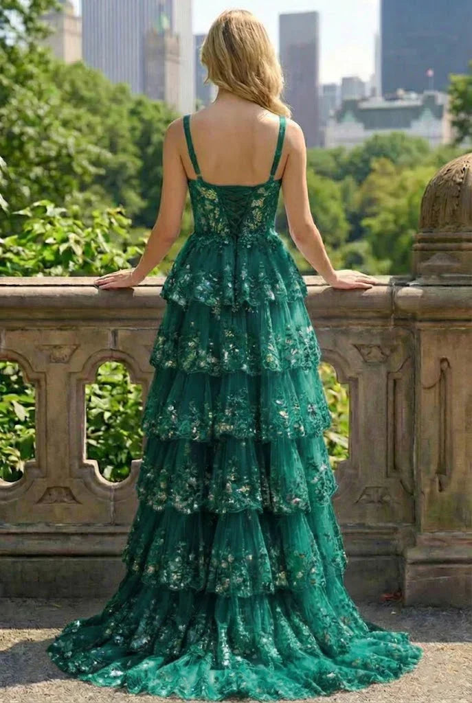 Lace Tiered A-Line Prom Dress with Corset Back and Slit | Sevoba
