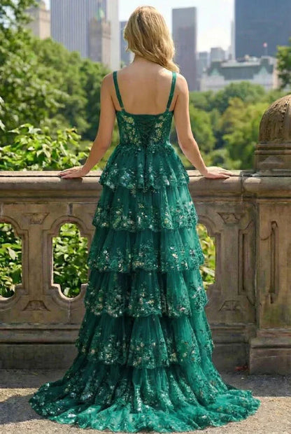 Lace Tiered A-Line Prom Dress with Corset Back and Slit | Sevoba