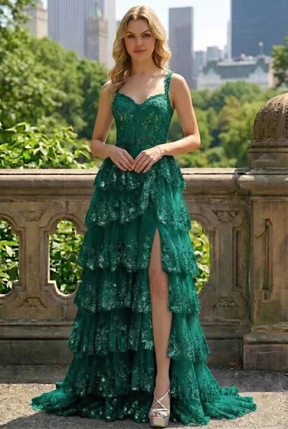 Lace Tiered A-Line Prom Dress with Corset Back and Slit | Sevoba
