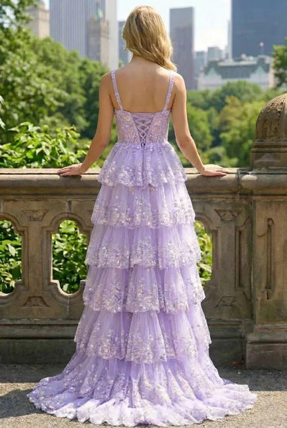 Lace Tiered A-Line Prom Dress with Corset Back and Slit | Sevoba