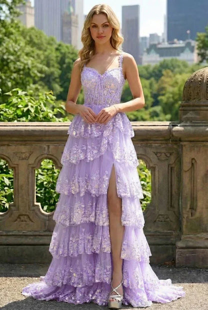 Lace Tiered A-Line Prom Dress with Corset Back and Slit | Sevoba