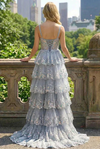 Lace Tiered A-Line Prom Dress with Corset Back and Slit | Sevoba