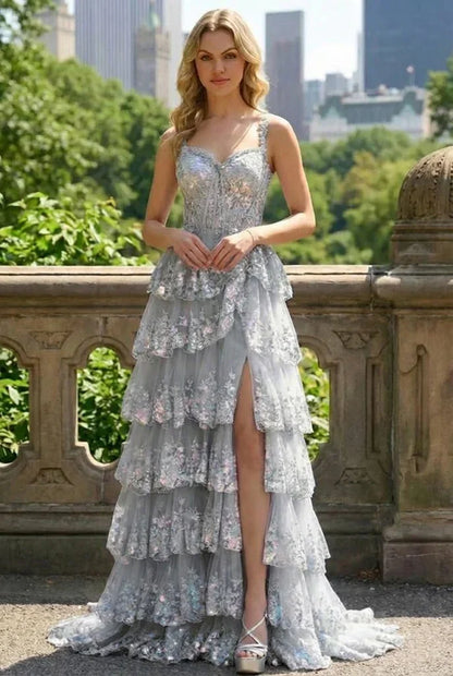 Lace Tiered A-Line Prom Dress with Corset Back and Slit | Sevoba