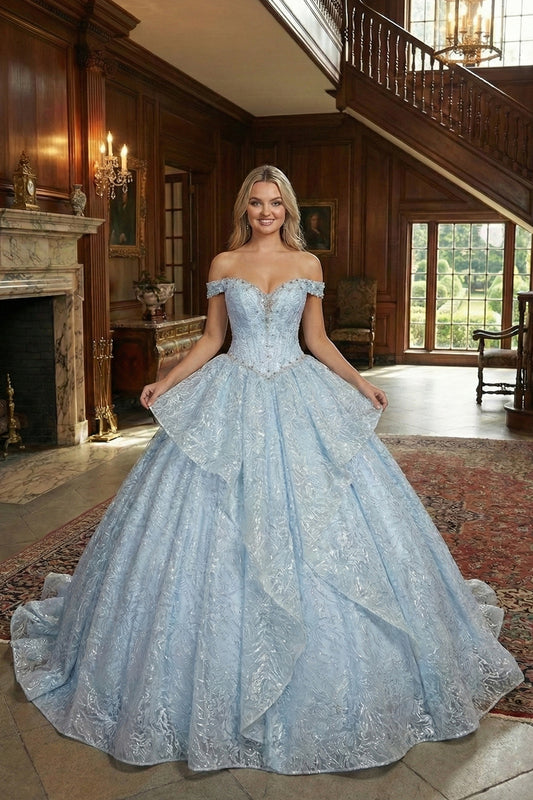 Layered Ruffled Ball Gown Cold Shoulder Quinceañera Dress With Embroidery and Bow| Sevoba