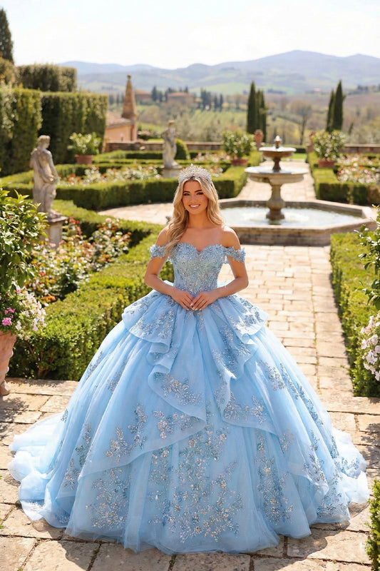 Layered Ruffled Ball Gown Cold Shoulder Quinceañera Dress With Embroidery and Bow | Sevoba