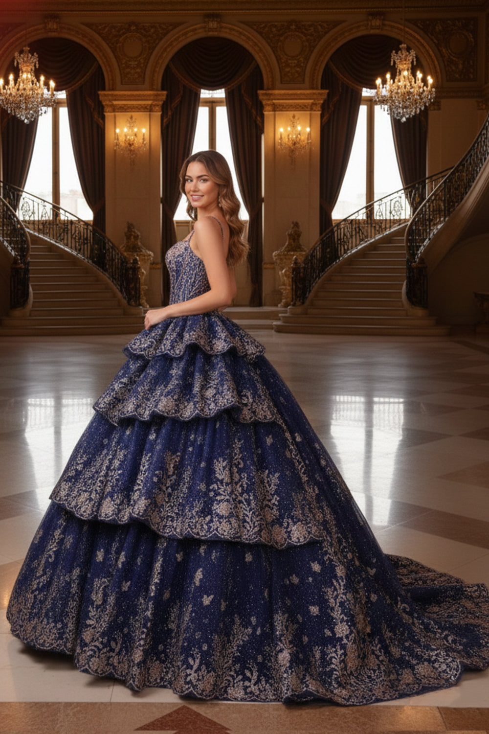 Layered Ruffled Ball Gown Cold Shoulder Quinceañera Dress With Embroidery | Sevoba