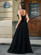 Sevoba | Halter Appliqued Corset High Slit Maxi Dress Black