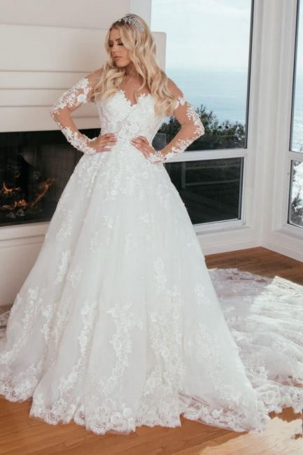 Unique A-Line Long Sleeves Sweetheart Princess Wedding Dress with Lace