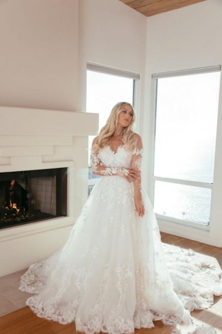 Unique A-Line Long Sleeves Sweetheart Princess Wedding Dress with Lace