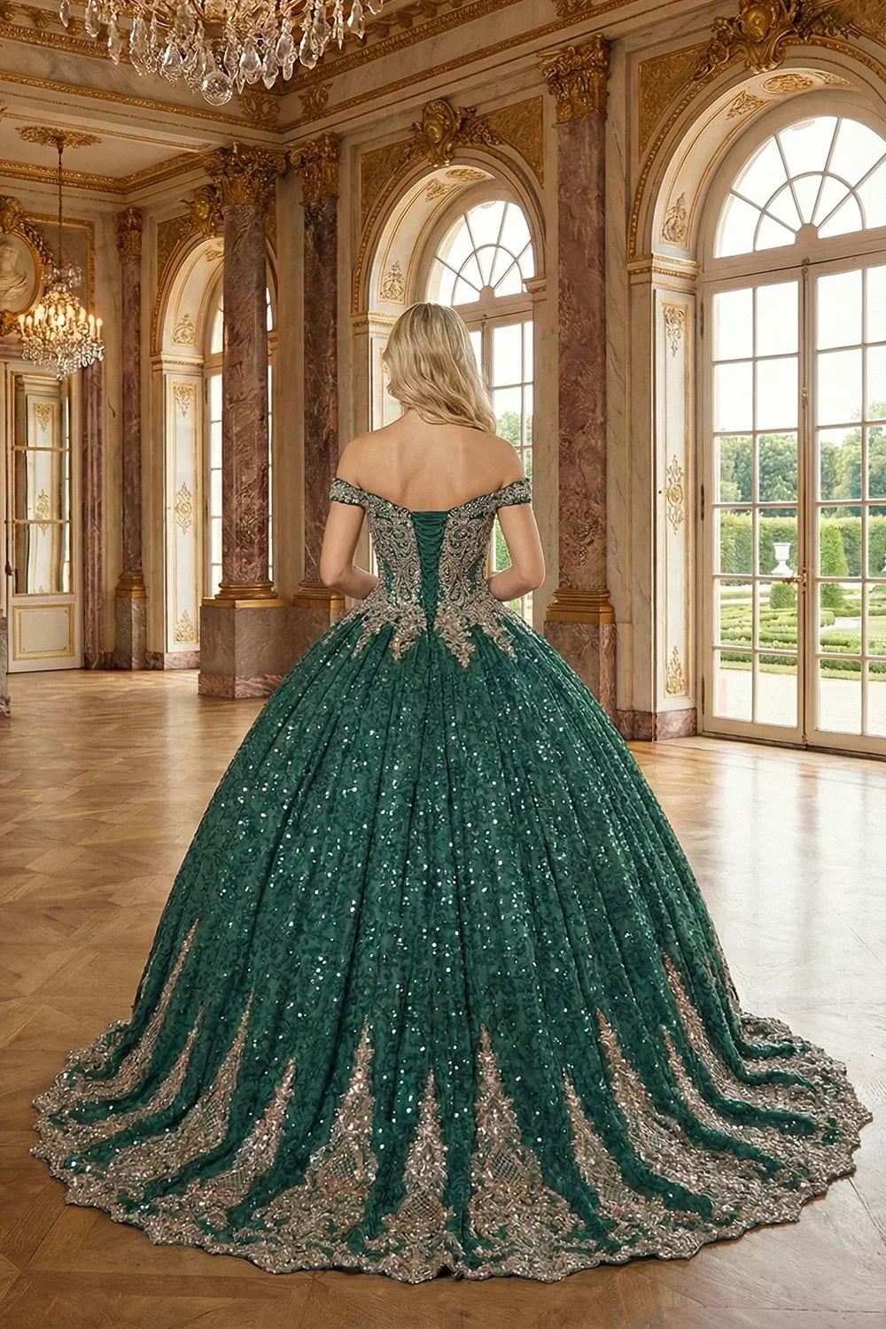 Woman in emerald green off-the-shoulder ball gown with lace and glitter details in a grand hall