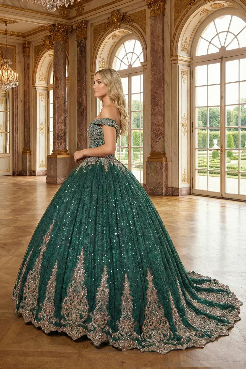 Emerald green off-the-shoulder tulle ball gown with glitter lace detailing in a grand hall