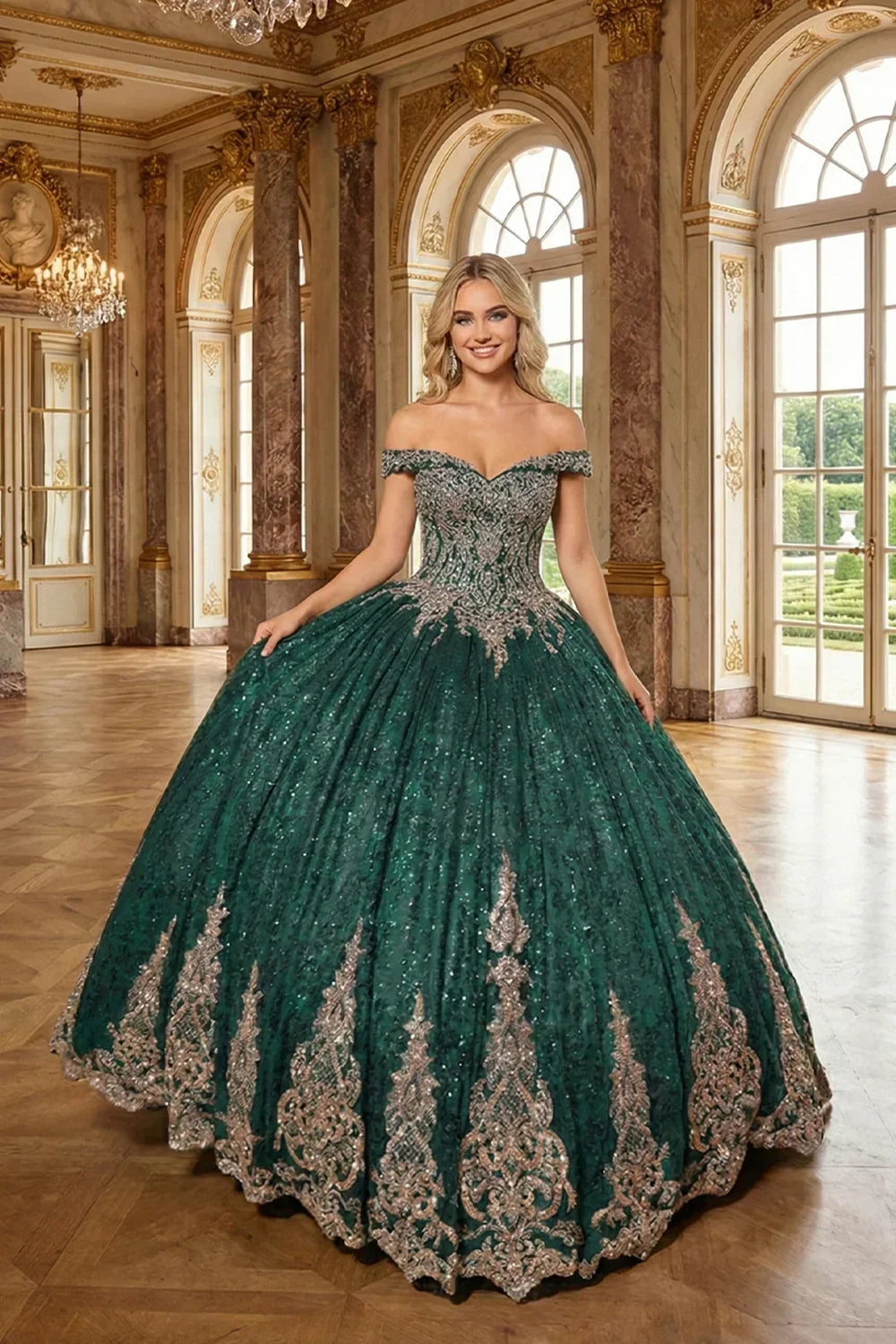 Woman in emerald green off-the-shoulder ball gown with lace details in a grand ballroom