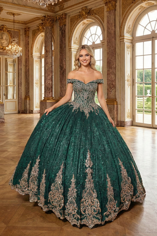 Luxurious Ball Gown Off-the-shoulder Tulle QUINCEAÑERA Dress With Intricate Lace & Glitter | Sevoba