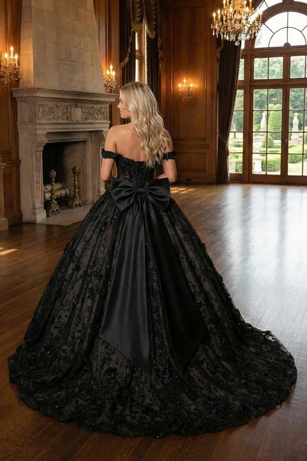 Black ball gown quinceañera dress with 3D floral lace, large satin bow and off-shoulder sleeves