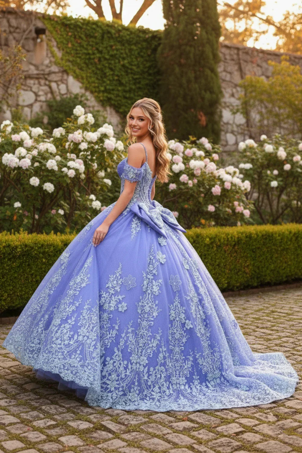 Purple ball gown quinceañera dress with floral embroidery and off-shoulder sleeves outdoors